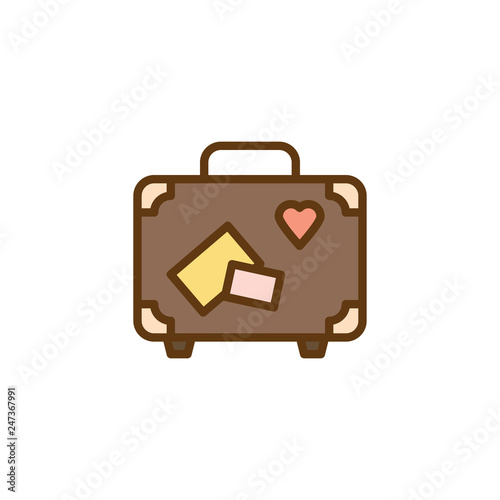 Suitcase with travel stickers flat icon, vector sign, colorful pictogram isolated on white. Travel suitcase symbol, logo illustration. Flat style design
