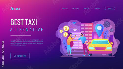 Businessman with smartphone rents a car in the street via carsharing service. Carsharing service, short periods rent, best taxi alternative concept. Website vibrant violet landing web page template.
