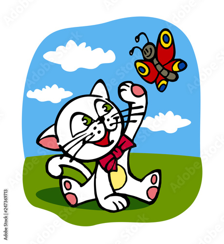 kitten playing with butterfly on meadow, color icon