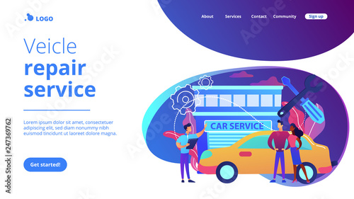 Auto mechanic and business people at car service having their car repaired. Car service, automobile repair shop, vehicle repair service concept. Website vibrant violet landing web page template.