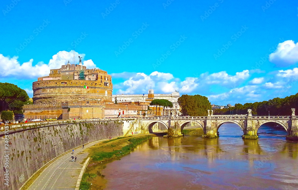 Castel Sant'angelo and Bernini's statue on the bridge, Rome, Italy. Tiber river