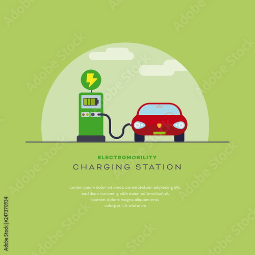Electric vehicles charging station vector illustration template with sample text