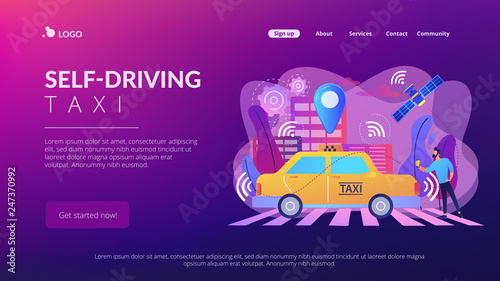 Businessman with smartphone taking driverless taxi with sensors and location pin. Autonomous taxi  self-driving taxi  on-demand car service concept. Website vibrant violet landing web page template.