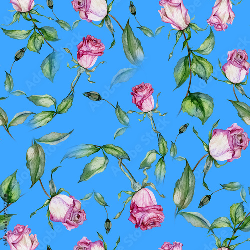Beautiful pink roses and green leaves on blue background. Seamless floral pattern. Watercolor painting. Hand drawn and painted illustration.