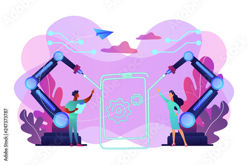 Lazer beams drawing outline of smartphone and engineers, tiny people. Laser technologies, optical communication systems, medical laser use concept. Bright vibrant violet vector isolated illustration