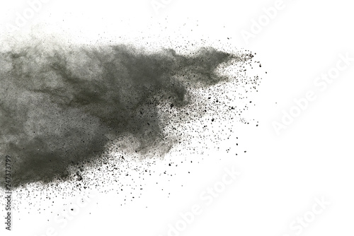 Black powder splash on white background.