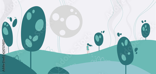 Fantasy Landscape Background Vector Illustration Girl in Fairy Tale