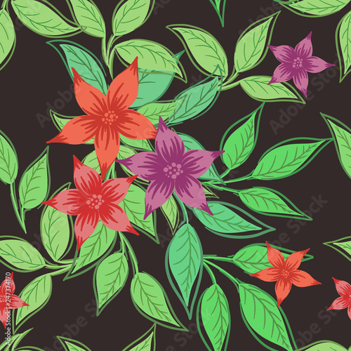 Beautiful print with flowers and leaves on a dark gray background