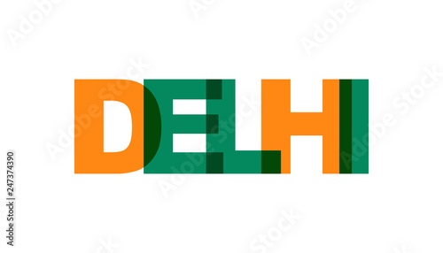 Delhi, phrase overlap color no transparency. Concept of simple text for typography poster, sticker design, apparel print, greeting card or postcard. Graphic slogan isolated on white background.