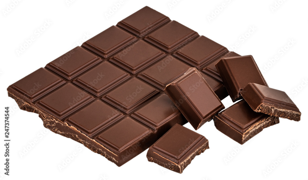 Milk chocolate pieces isolated on white background. With clipping path Milk chocolate pieces isolated on white background. With clipping path