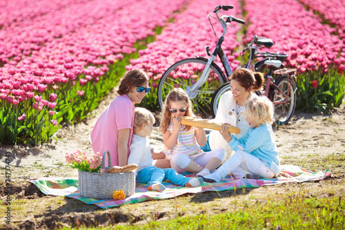 Canvas Print Family picnic at tulip flower field, Holland
