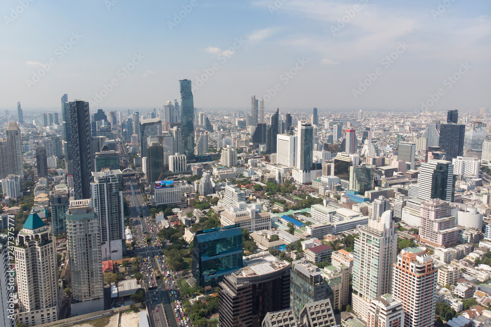 Aerial View of Sathon Road, Important Business Area in Bangkok Thailand