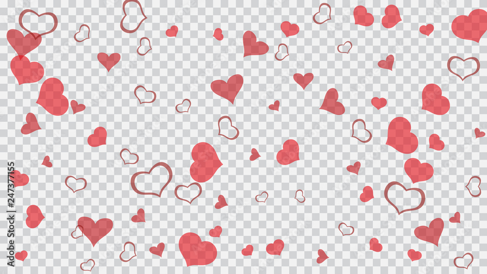 Part of the design of wallpaper, textiles, packaging, printing, holiday invitation for wedding. Red hearts of confetti are flying. Light background. Red on Transparent background Vector.