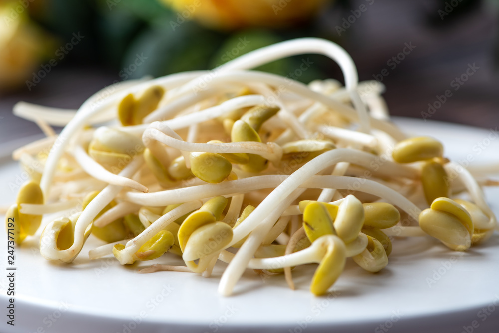 Raw soya sprouts on a white plate close-up.