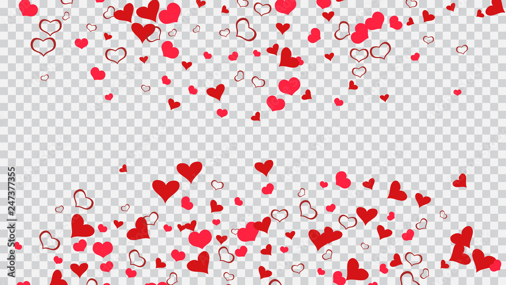The idea of wallpaper design, textiles, packaging, printing, holiday invitation for Valentine's Day. Red on Transparent fond Vector. Light background. Red hearts of confetti are falling.