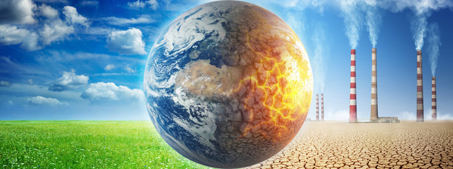 Earth on a background of grass and clouds versus a ruined Earth on a background of a dead desert. Concept on ecology, global warming, science, education, etc.