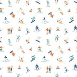 Seamless pattern with adults and children in winter snow suits snowboarding and skiing. Backdrop with male and female cartoon ski and snowboard riders. Flat cartoon vector illustration for wallpaper.