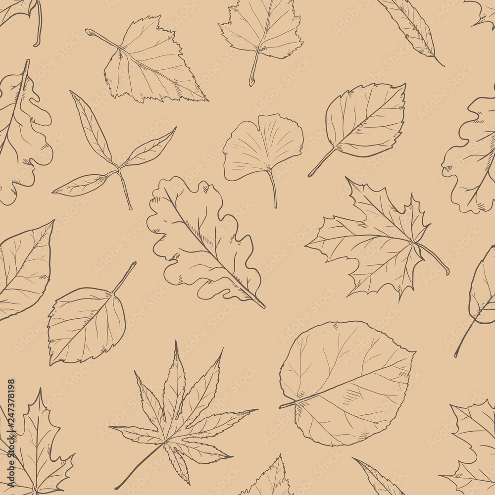 Vector Seamless Pattern with Sketch Leaves on Brown Background Vector Seamless Pattern with Sketch Leaves on Brown Background