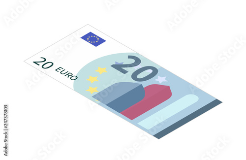 Flat twenty euro banknote in isometric view on white