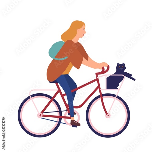 Pretty young woman dressed in casual clothes riding bike with cat sitting in basket. Cute girl on bicycle with her pet animal. Happy pedaling female bicyclist. Flat cartoon vector illustration.