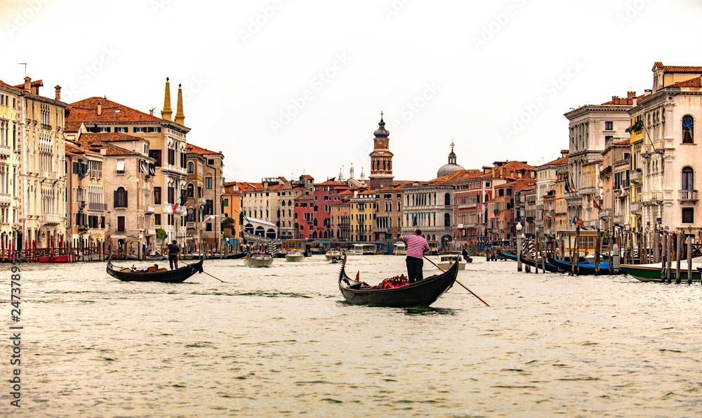 Italy beauty, gondolas near to famous Rialto bridge on Grand canal street in Venice , Venezia
