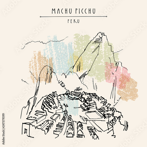 Stunning view of Machu Picchu, Peru. Famous Inca town in the Andes mountains. Vintage artistic hand drawn postcard, poster template, book illustration