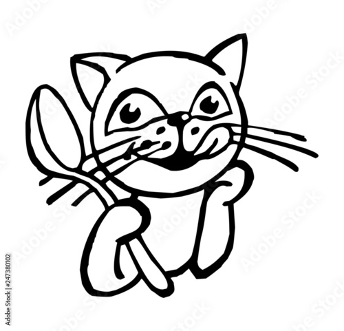Happy cat with spoon in his paw licks himself, black and white icon