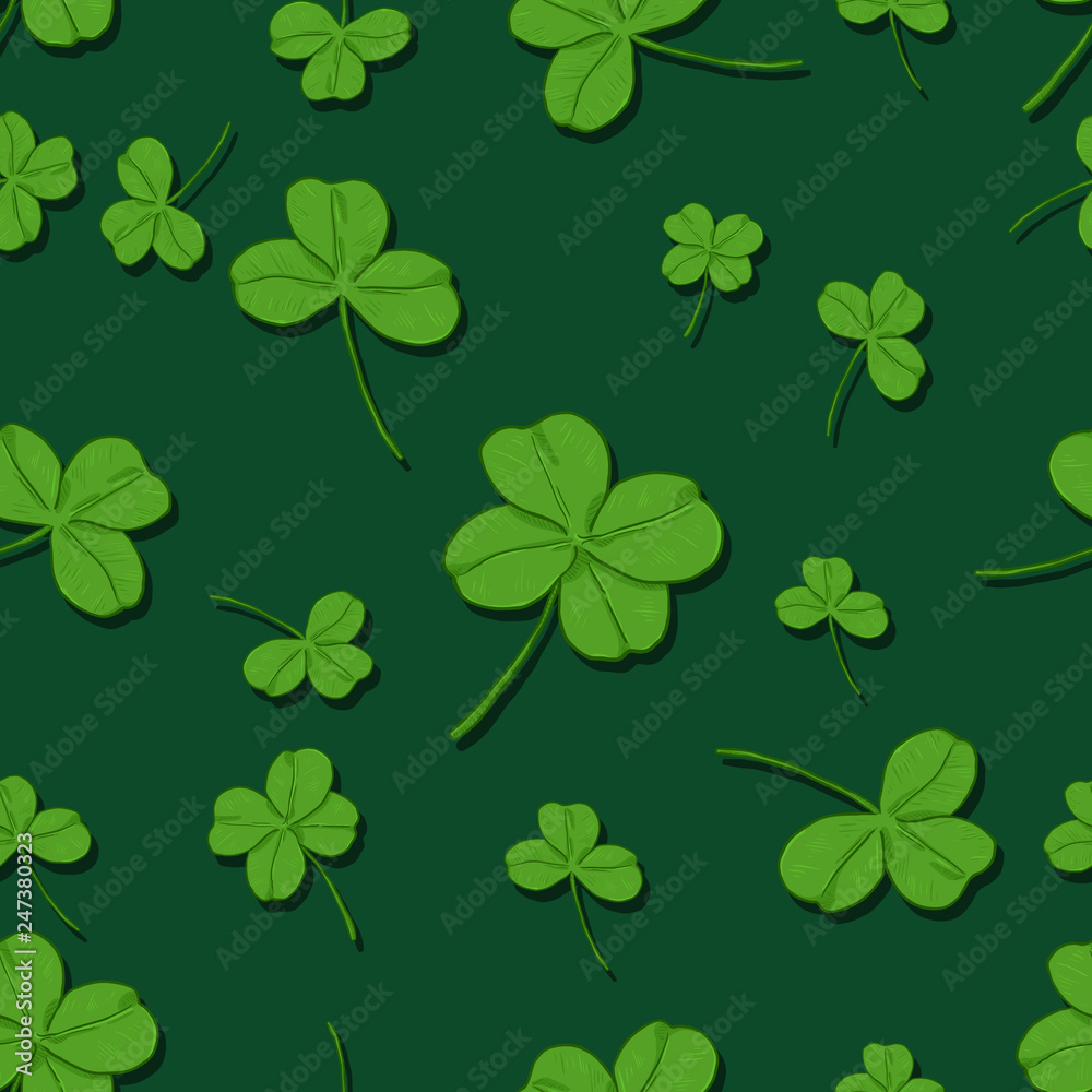 Vector Seamless Lucky Pattern with Green Clover Leaves on Green Background Vector Seamless Lucky Pattern with Green Clover Leaves on Green Background