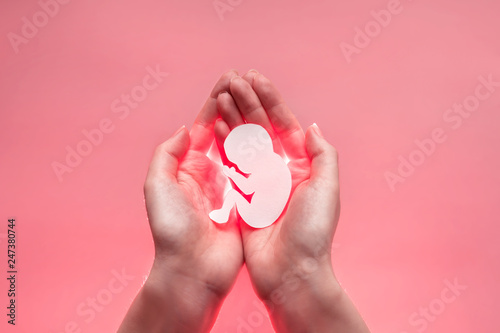 Obraz na płótnie Womans palms pressed together and keep paper embryo