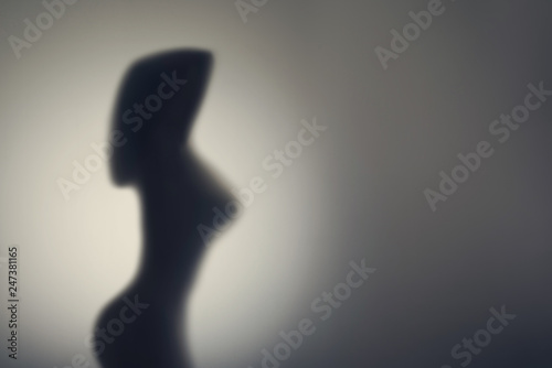 Silhouette of naked woman's body  behind glass door. Concept