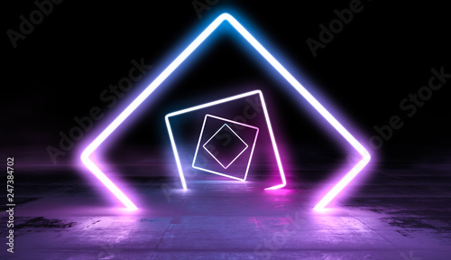 Glowing lines vibrant colors tunnel abstract background. Neon pink blue lights in empty space with smoke. 3d render.