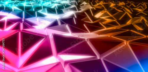 Neon light triangular abstract background, Line glowing surface. 3d Rendering