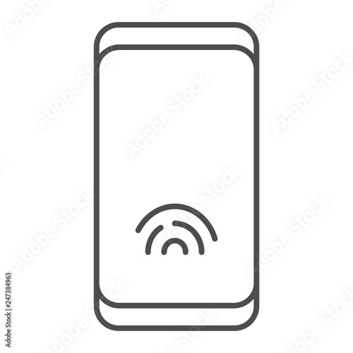 Smartphone with fingerprint sensor thin line icon, technology and identification, phone sign, vector graphics, a linear pattern on a white background.
