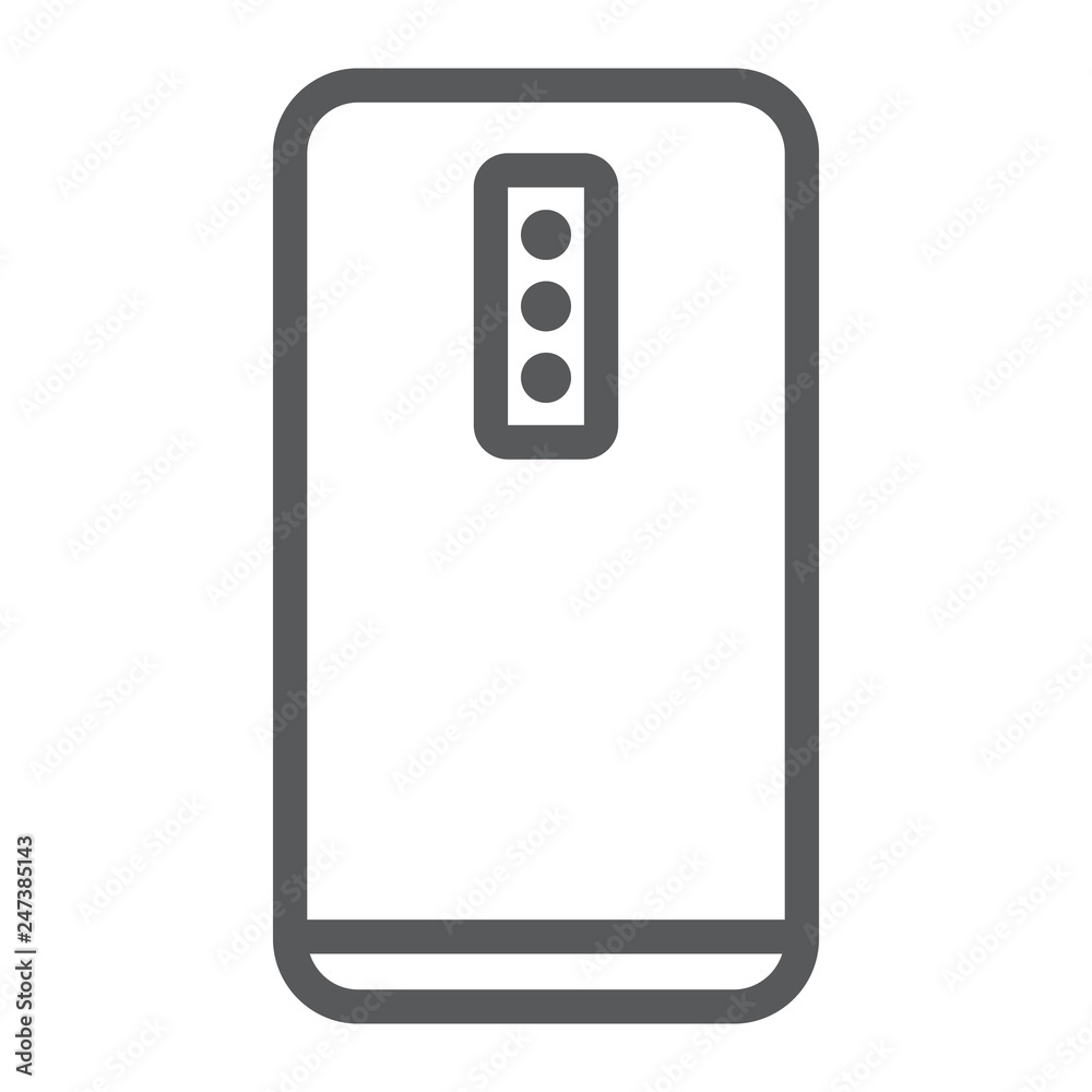 Smartphone with three camera line icon, technology and communication, mobile phone sign, vector graphics, a linear pattern on a white background.
