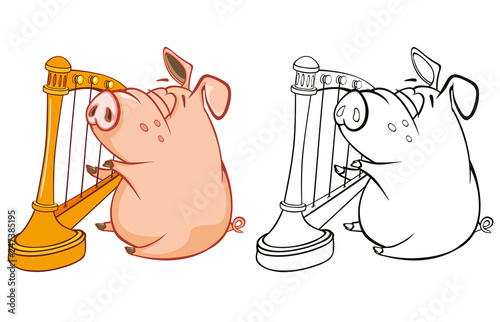 Vector Illustration of a Cute Pig Musician. Coloring Book Cartoon Character 