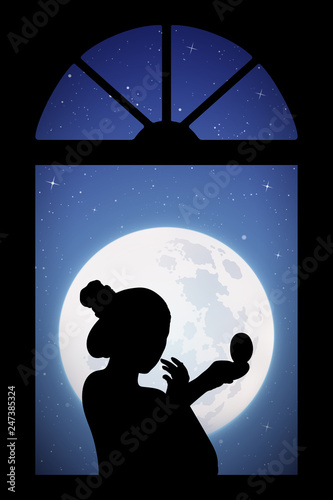 Making makeup near window on moonlit night. Vector illustration with silhouette of girl with mirror. Full moon in starry sky