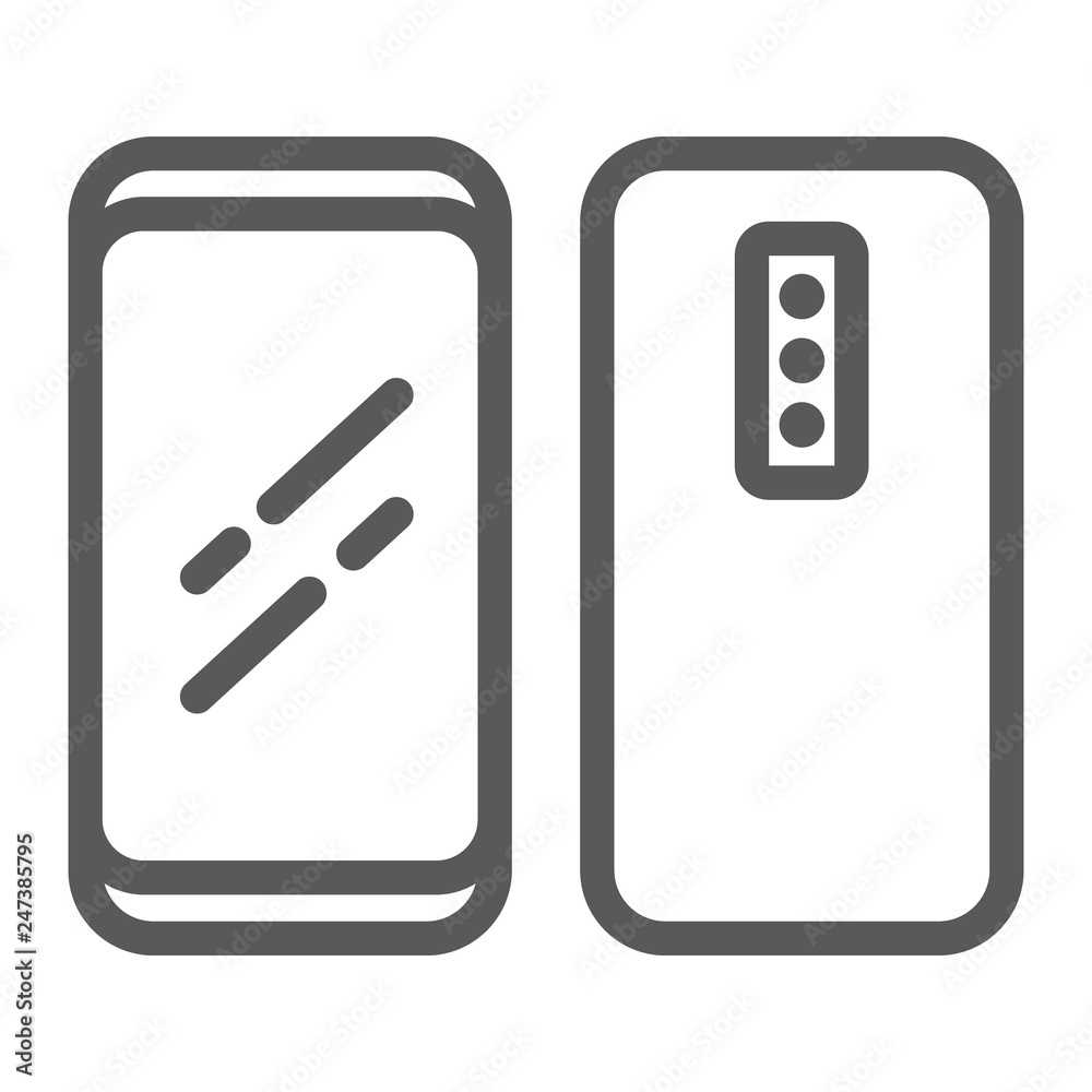 Smartphone with three camera line icon, technology and phone, modern smartphone sign, vector graphics, a linear pattern on a white background. Smartphone with three camera line icon, technology and phone, modern smartphone sign, vector graphics, a linear pattern on a white background.