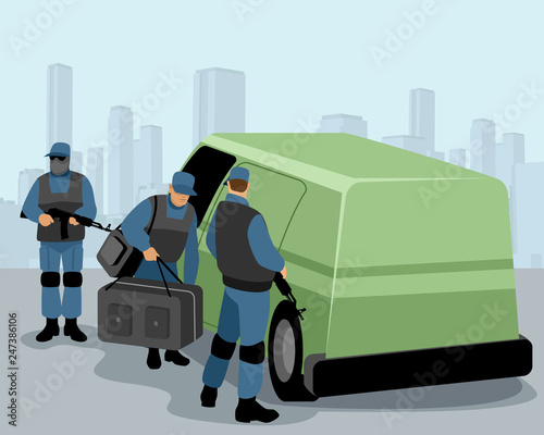 Collectors guarding car with money