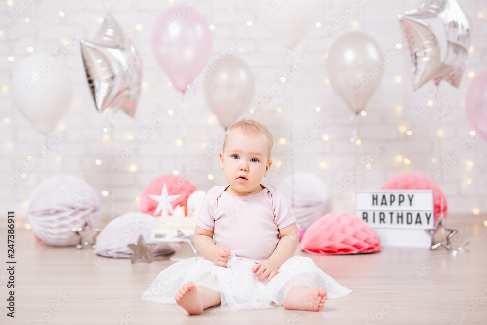 first birthday - cute little baby girl in birtday decorations