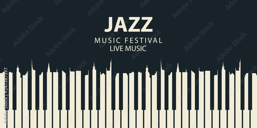 Fototapeta premium Vector banner or poster for a jazz festival of live music with piano keys in retro style on black background. White keys in the form of silhouettes of roofs of old houses