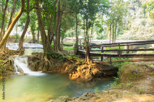 wooden bridge and Kroeng Krawia Waterfall at Kanchanaburi  Thailand