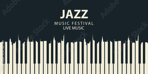 Vector banner or poster for a jazz festival of live music with piano keys in retro style on black background. White keys in the form of silhouettes of roofs of old houses