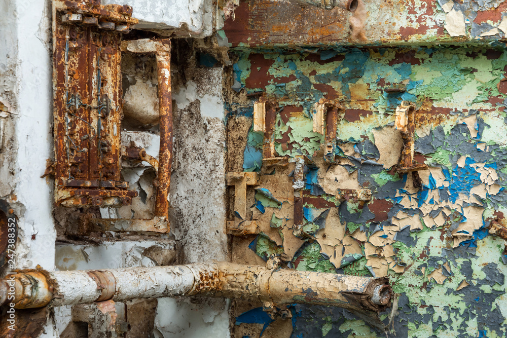 Internal parts of decommissioned marine ship that was cut and left on the shore. Internal parts of decommissioned marine ship that was cut and left on the shore.