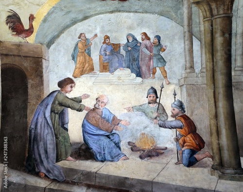Peter denies Jesus before the rooster crows three times, fresco in the church of Fototapeta