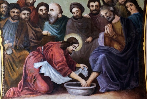 Tablou pe pânză Jesus washes the feet of Peter, fresco in the church of Saint Matthew in Stitar,
