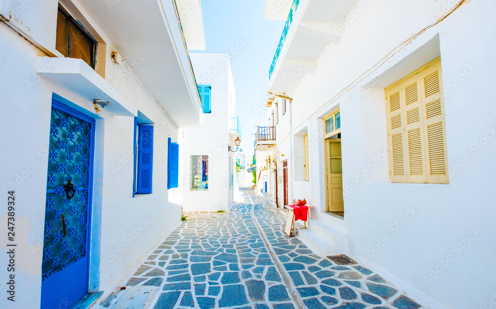 Fototapeta Piękny widok białych budynków wzdłuż kamienistej greckiej ulicy