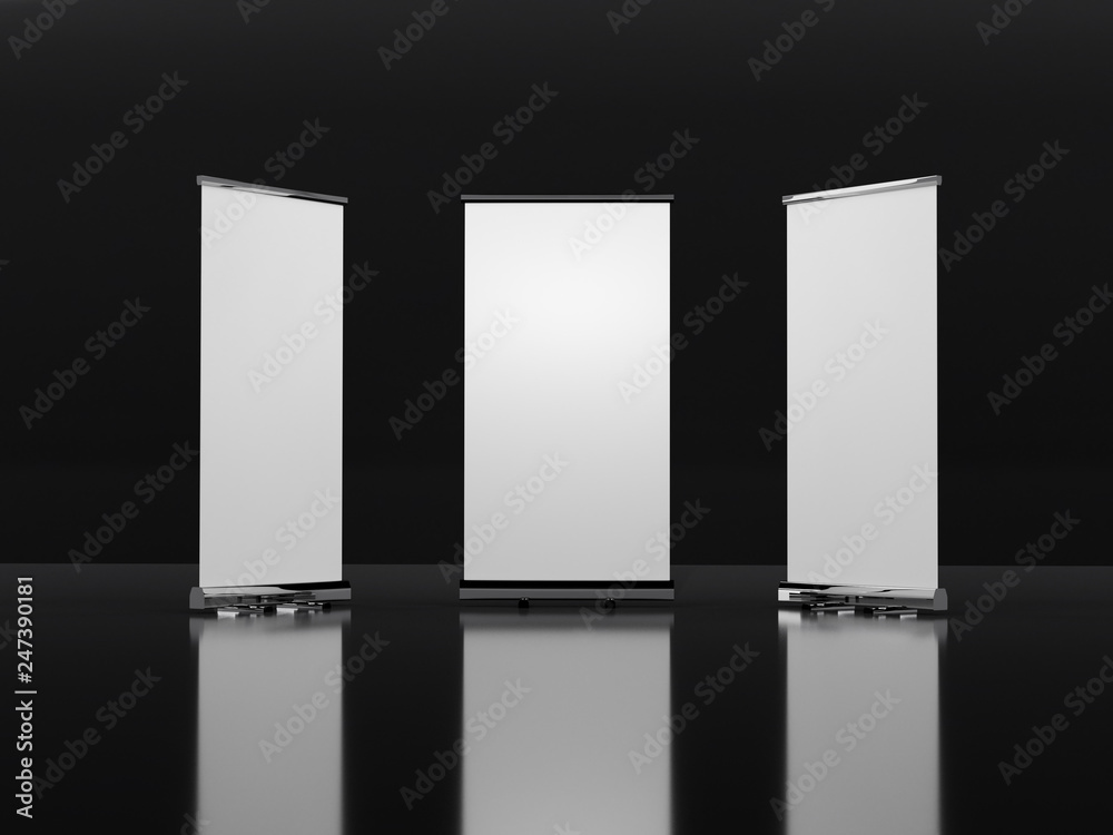 Outdoor Advertising Stand Banner (empty roll-up poster) - mockup template. 3D rendering Outdoor Advertising Stand Banner (empty roll-up poster) - mockup template. 3D rendering