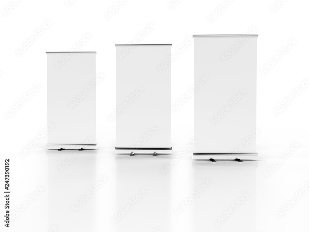 Outdoor Advertising Stand Banner (empty roll-up poster) - mockup template. 3D rendering Outdoor Advertising Stand Banner (empty roll-up poster) - mockup template. 3D rendering