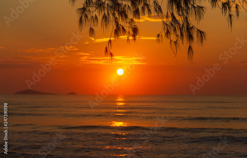 Landscape of the sunrise at the beach. The beauty of a tropical beach.
