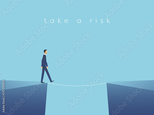 Business risk vector concept with businessman walking on tightrope. Symbol of challenge, success, overcoming and danger.